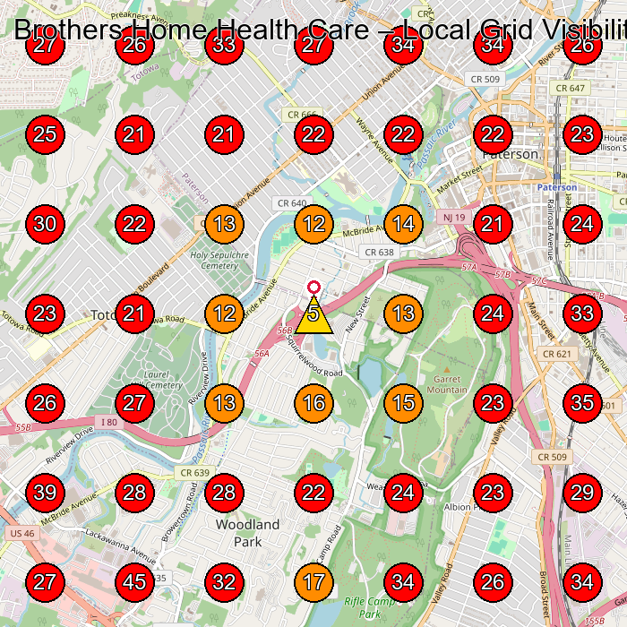 Brothers Home Health Care GeoGrid visibility map for Home Health Care Service in Paterson